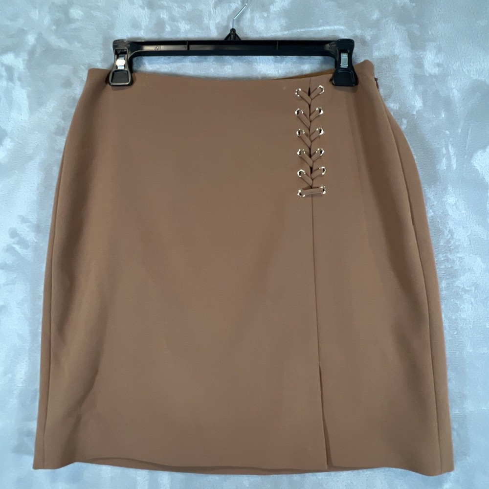 White House Black Market Skirt Lace-Up Short Caramel Brown Size 4 Office Teacher